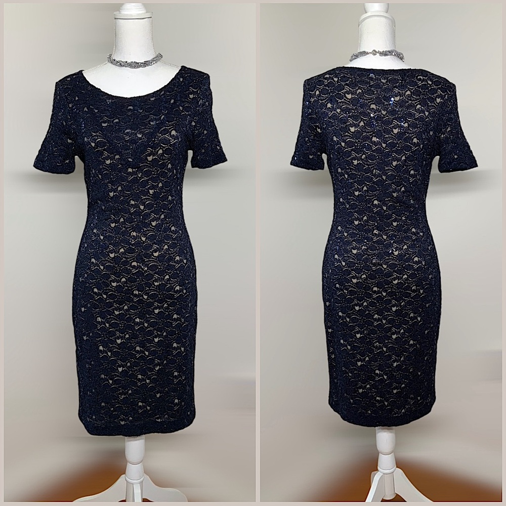 Belle by Badgley Mischka Stretch Lace Navy Cocktail Dress Size 10‎ fits 8 NWT